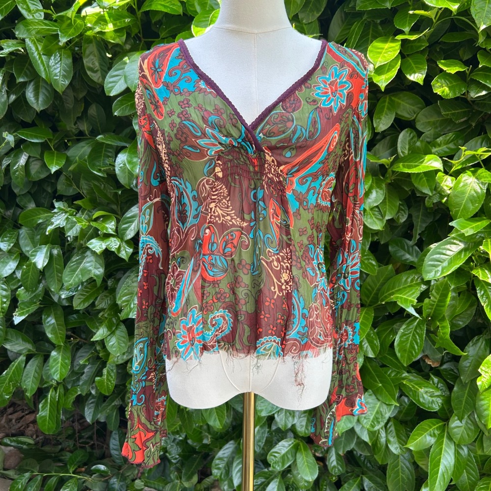 y2k vtg Paisley Top‎ Green Brown boho Bell Sleeve Fairycore